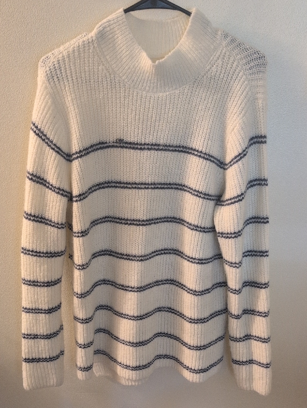 Cream Striped Knit Sweater - Classic Crew Neck